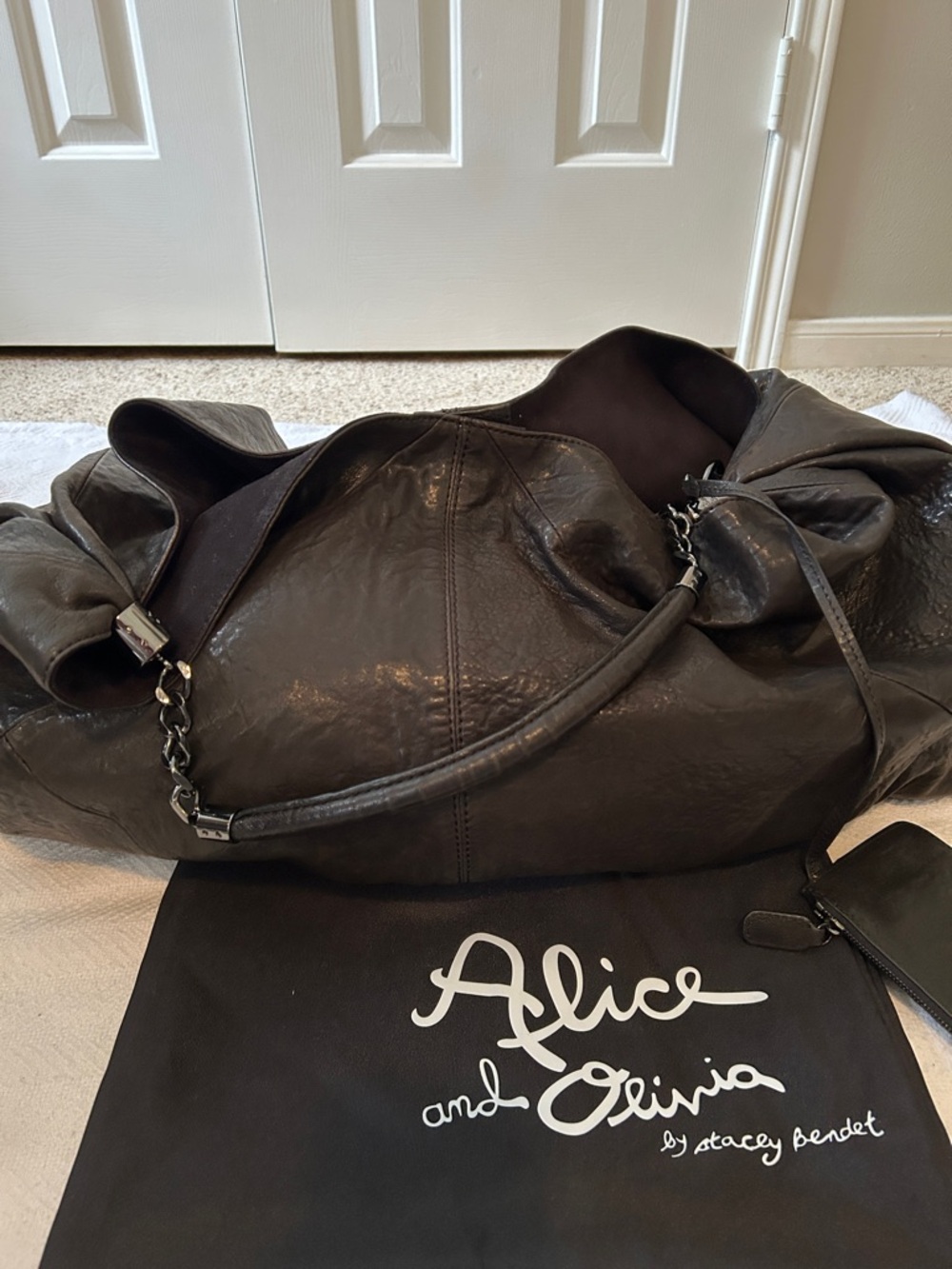 Alice + Olivia Black Leather Hobo Bag with Chain-Accent Strap